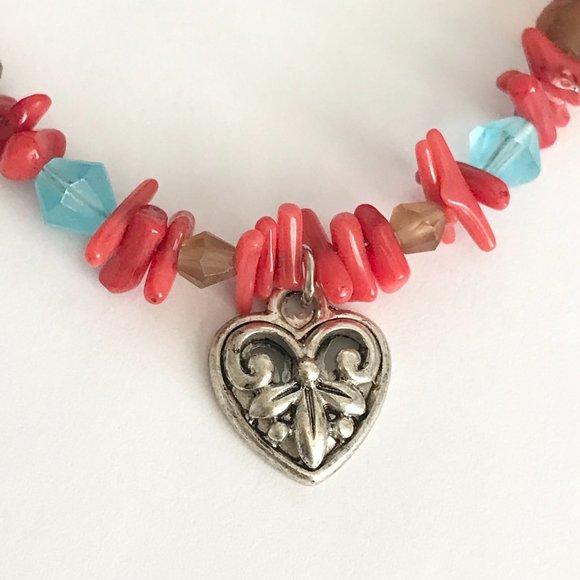 Vintage Fleur de Lis Heart Charm Necklace Choker Red Coral Saints Mardi Gras - Picture 5 of 12